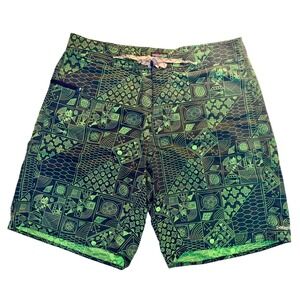 Patagonia Size 36 Green Navy Geometric Aztec Deco Blox Wavefarer Board Shorts